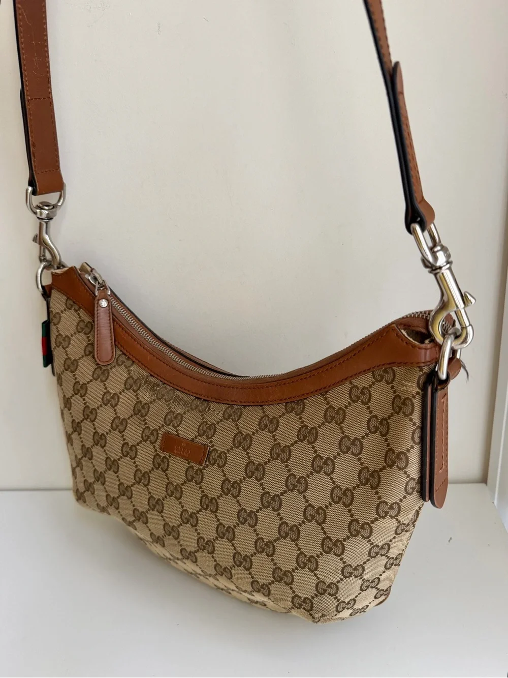 Authentic GUCCI GG Canvas Web Sherry Line Half Moon Crossbody bag